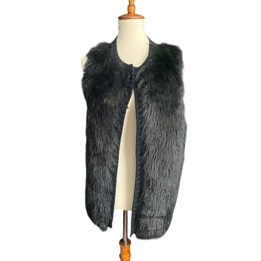 Eyeshadow Faux Fur Knit Vest Women's Size L Black Open Front Retro Boho Soft
